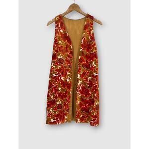 70s Vintage Orange Floral Cut Velvet Open Front Longline Vest
